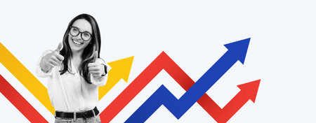 Collage Showing a Person With Glasses Giving Thumbs up With Colorful Arrows in the Background