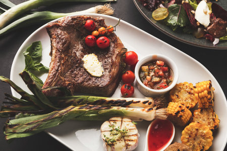 Collage of Grilled Food With Meat, Vegetables, and Salad in a Collection on a White Plateの写真素材