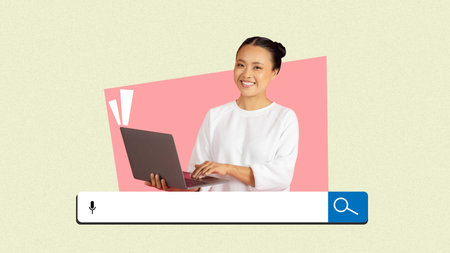 Young Woman Using Laptop While Searching for Information in a Collage of Digital Elements