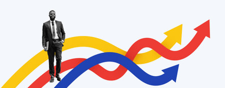 Man in Suit Stands Among Colorful Arrows Representing Growth and Progress in Business