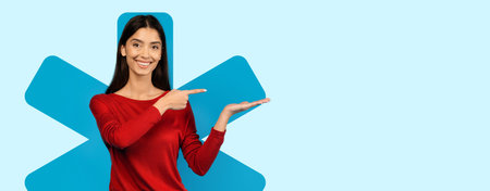 Woman Points to Empty Space on Blue Background Using Hand Gesture in a Creative Collage