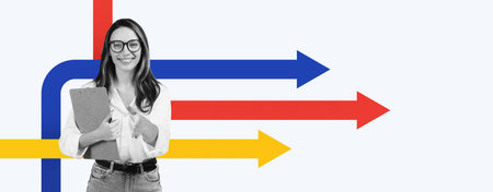 Collage of a Woman Holding a Clipboard With Colorful Arrows Pointing in Various Directions