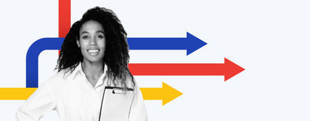 Woman Stands With Clipboard as Colorful Arrows Point in Different Directions
