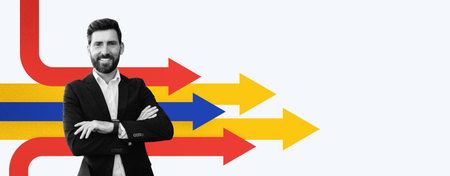 Collage Featuring a Man Standing Confidently With Arrows Pointing in Various Directions