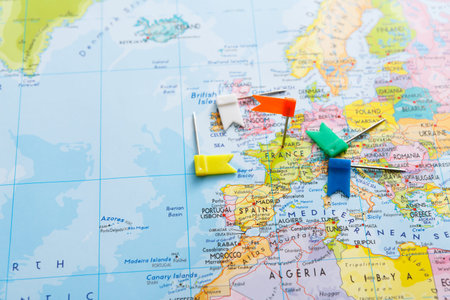 Map With Pushpins Showing Various Locations in Europe Including France and Spain