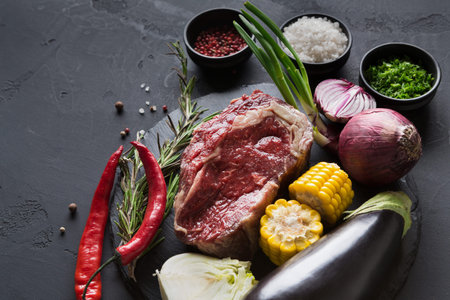 Fresh Ingredients for Cooking With Meat and Vegetables on a Dark Backgroundの写真素材