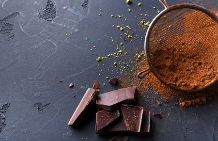 Dark Chocolate Pieces and Cocoa Powder on a Kitchen Surface With a Sifter