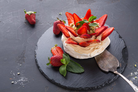 Delicious Dessert Served on a Black Plate With Fresh Strawberries and Mint Leavesの写真素材