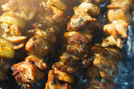 Grilling Skewers of Meat and Vegetables at a Barbecue in the Outdoors During Sunny Weather