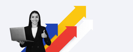 Businesswoman With Laptop Shows Thumbs up in Colorful Arrow Design Background