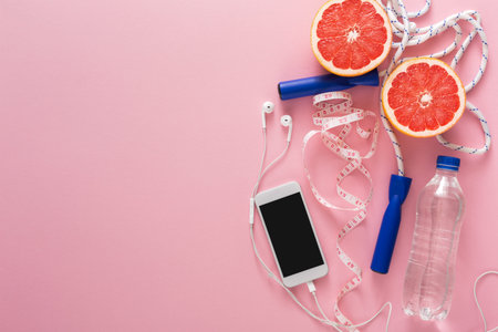 Grapefruit, Water Bottle, and Fitness Items on a Pink Background for Healthy Lifestyle