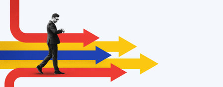 Collage Showing a Man Walking Among Colorful Arrows Pointing in Different Directionsの写真素材