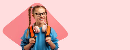 Girl With Headphones and Backpack Smiles in a Simple Background at School Time