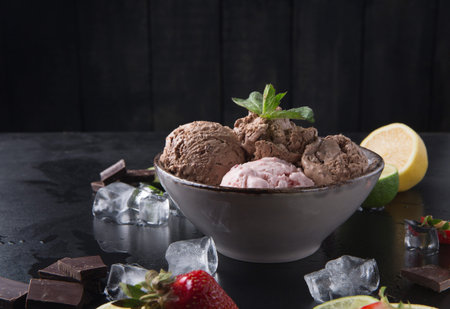 Different Flavors of Ice Cream Placed in a Bowl With Fresh Fruit and Chocolate Pieces Around It