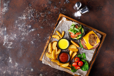 Delicious Burger With Fries and Salad Served on a Wooden Tray in a Casual Dining Settingの写真素材