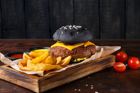 Juicy Burger With Black Bun and Golden Fries Served on a Wooden Boardの写真素材