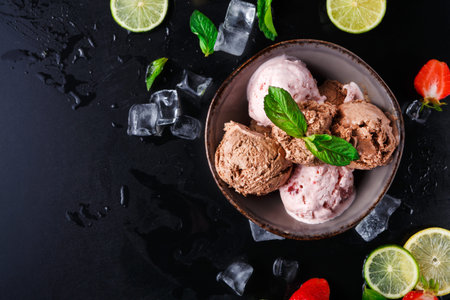 Ice Cream Served in a Bowl With Fruits and Ice Cubes on a Dark Surface