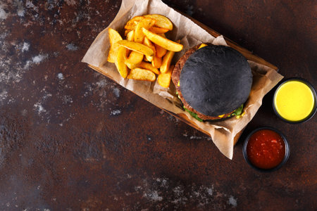 Black Burger With Golden Fries and Sauces Served in a Wooden Tray on a Dark Tableの写真素材