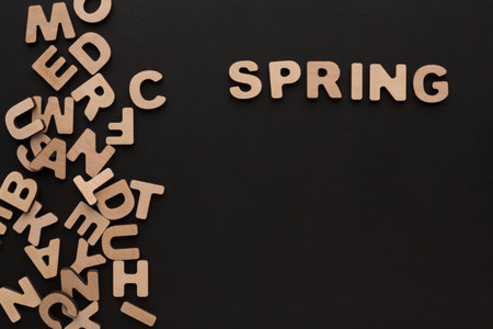 Wooden Letters of the Alphabet Scattered on Dark Background With Spring Spelled out Clearlyの写真素材