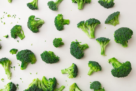 Fresh Broccoli Pieces Spread out on a Plain Surface in Bright Light