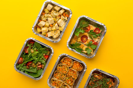 Food Containers With Various Dishes on a Yellow Background During a Casual Meal Time
