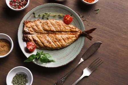 Grilled Fish Served on a Plate With Fresh Herbs and Tomatoes at a Dining Table