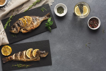 Fish Dish With Herbs and Lemon on Black Plates With Seasonings in Bowls for Dinner Preparation