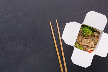 Collage of Food Packaging Showing Noodles With Vegetables and Chopsticks on Dark Surface