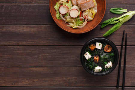 Collage of Healthy Dishes Featuring Salad and Soup on Wooden Table in Kitchen Setting
