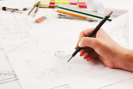 Creative Collage of Design Work in a Set of Drawings and Sketches on a Workspace