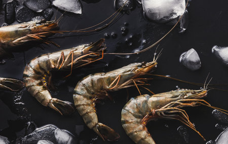 Collection of Raw Shrimp on Ice Ready for Cooking and Preparation in the Kitchen