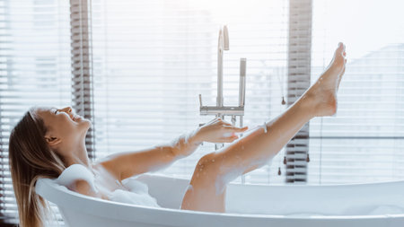 Enjoying a Relaxing Bath in a Bright and Sunny Bathroom While Shaving Legs