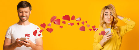 Collage Showing a Couple Sharing Love Through Messages With Hearts Between Them