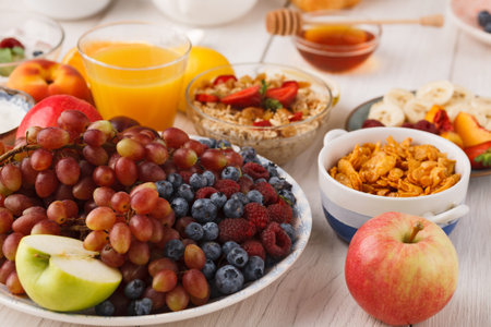 Fresh Fruits and Breakfast Spread in a Cozy Kitchen Setting