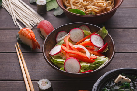Collection of Different Food Items Arranged in a Bowl With Chopsticks and Garnish on a Wooden Table