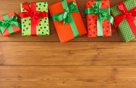 Colorful Gifts on Wooden Table Create a Fun Collage for Special Occasions and Celebrations