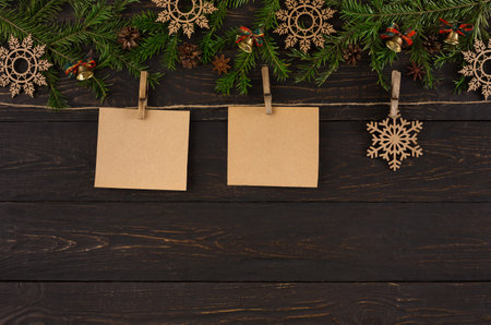 Collection of Holiday Decorations With a Blank Canvas on a Wooden Background