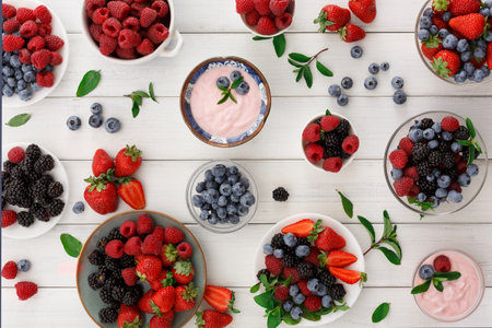 Colorful Arrangement of Berries and Yogurt in a Collection on a Tableの写真素材