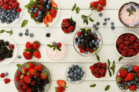 Collection of Colorful Fruit Bowls and Yogurt on a Wooden Table During a Summer Gathering