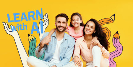 Parents and Daughter Smile Together on Yellow Background During Family Time