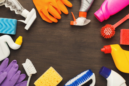 Cleaning Supplies and Tools Arranged in a Collage for Home Cleaning Tasks and Chores