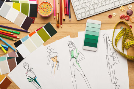 Collection of Fashion Design Sketches and Color Palettes on a Wooden Table