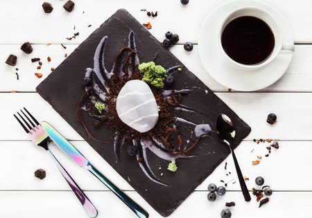 Delicious Dessert Served on a Black Plate With Coffee on the Side
