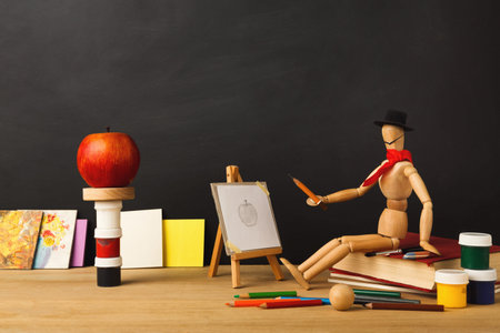Collage of Art Activities With a Wooden Figure Drawing an Apple on an Easel