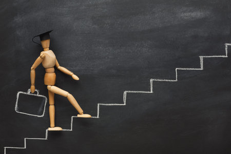 Wooden Figure Climbs Steps on Chalkboard in a Collage of Growth and Achievement Themes