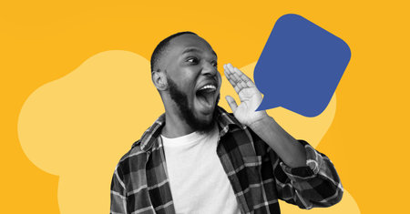 Person Shouting Loudly With Hands Near Mouth in a Bright Background With Speech Bubble Element