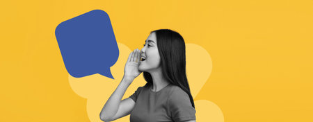 Collage of a Woman Speaking With a Speech Bubble on a Bright Background in a Creative Settingの写真素材