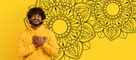 Collection of a Person With a Yellow Background and Intricate Design During a Playful Moment