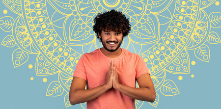 Mosaic Collage Showing a Person With Curly Hair Holding Hands Together in a Greeting Pose