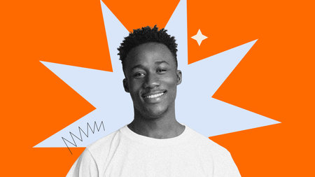 Collage of a Young Man Smiling Against an Orange Background With Geometric Shapes and Lines